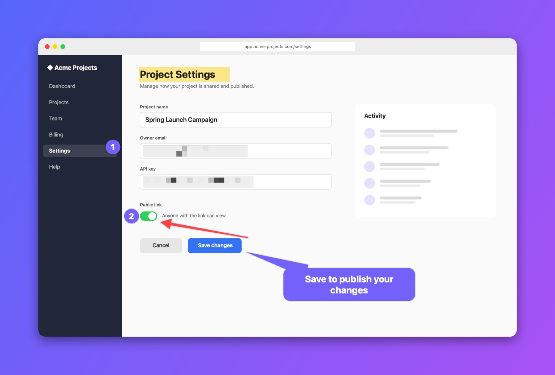 A settings page annotated in Annotello with numbered steps, a highlighted title, blurred email and API key, an arrow and a callout, on a purple gradient backdrop