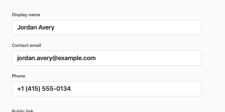 Account form showing a name, email and phone number