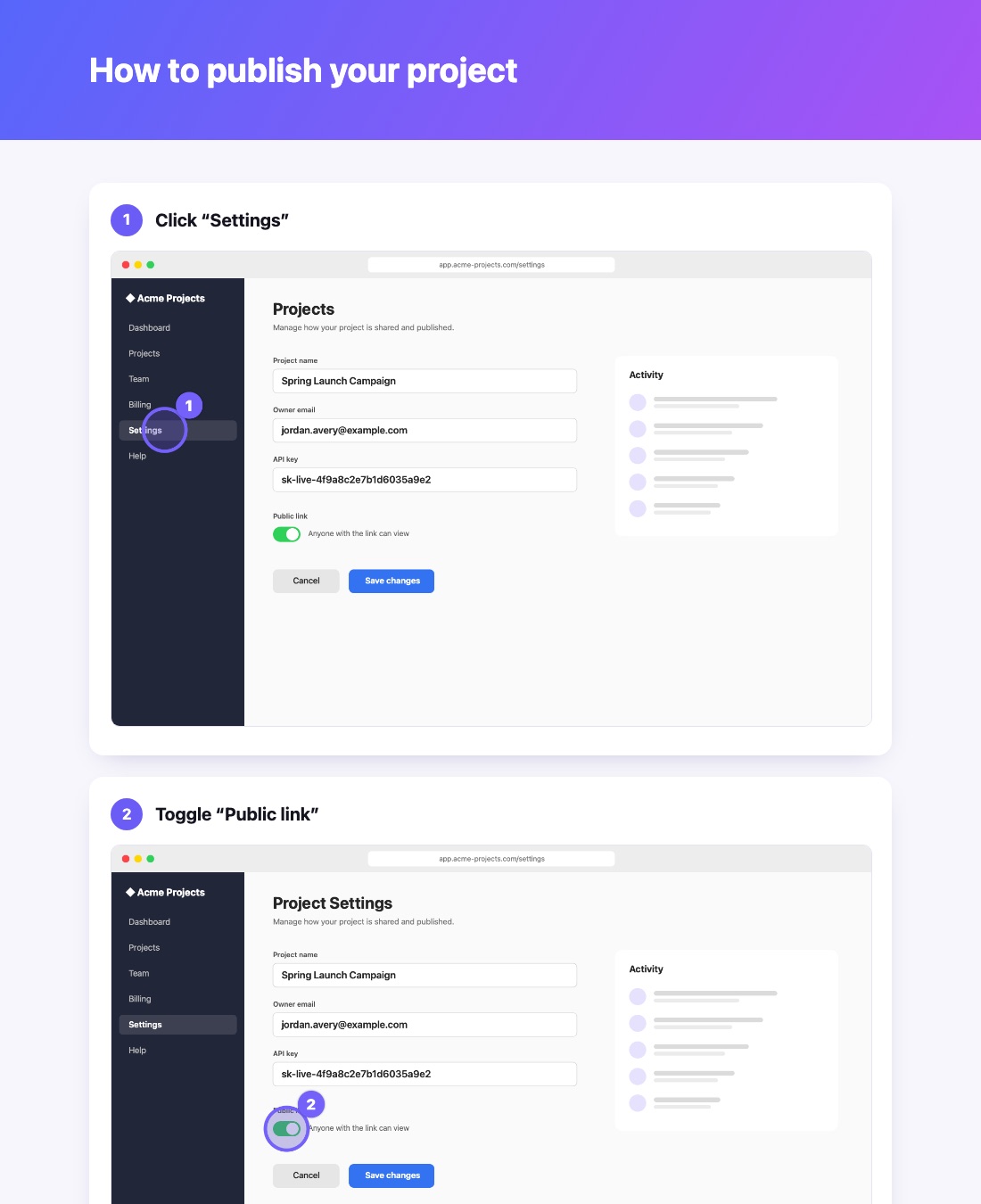 A how-to guide exported from Annotello Steps: a purple title banner and numbered steps, each with a caption and a screenshot marking the click